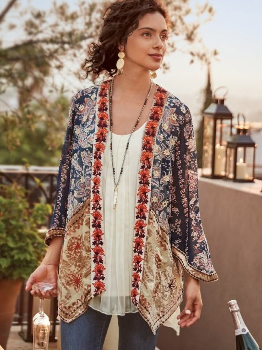 SOFT SURROUNDING Moonlight Garden Open Kimono
Velvet Trim Boho Topper Size L